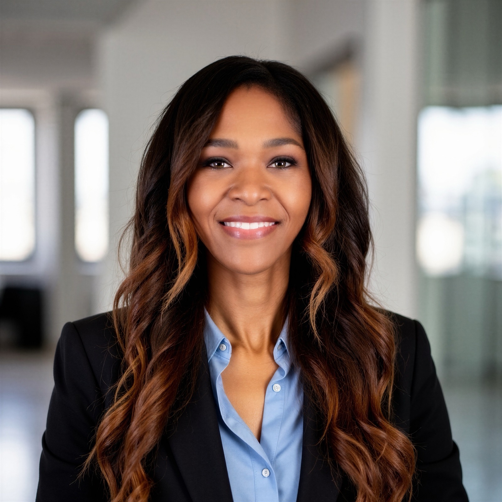 Nicole K. Conley in a black blazer and light blue shirt, standing in a bright open office.