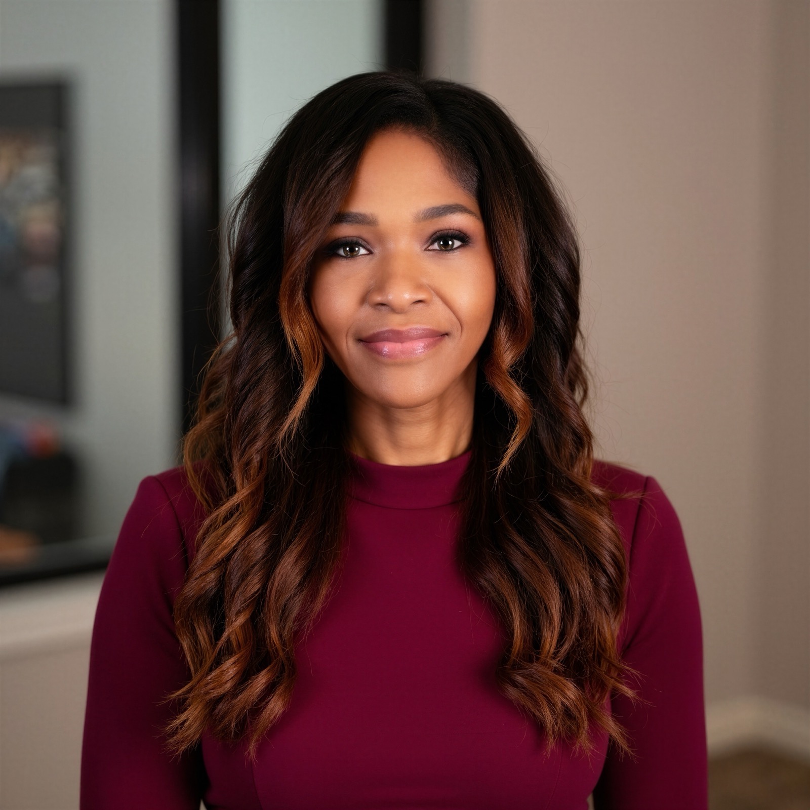 Nicole K. Conley in a burgundy high-neck top, in a warmly lit interior.
